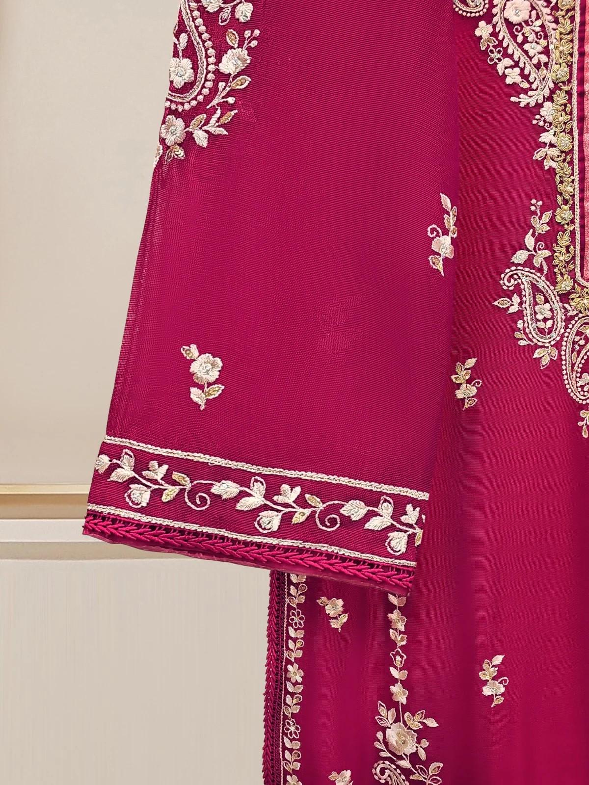 Agha Noor 3 Piece - Embroidered Cotton Net Suit: Hot Pink Raw Silk Pants, Organza Dupatta