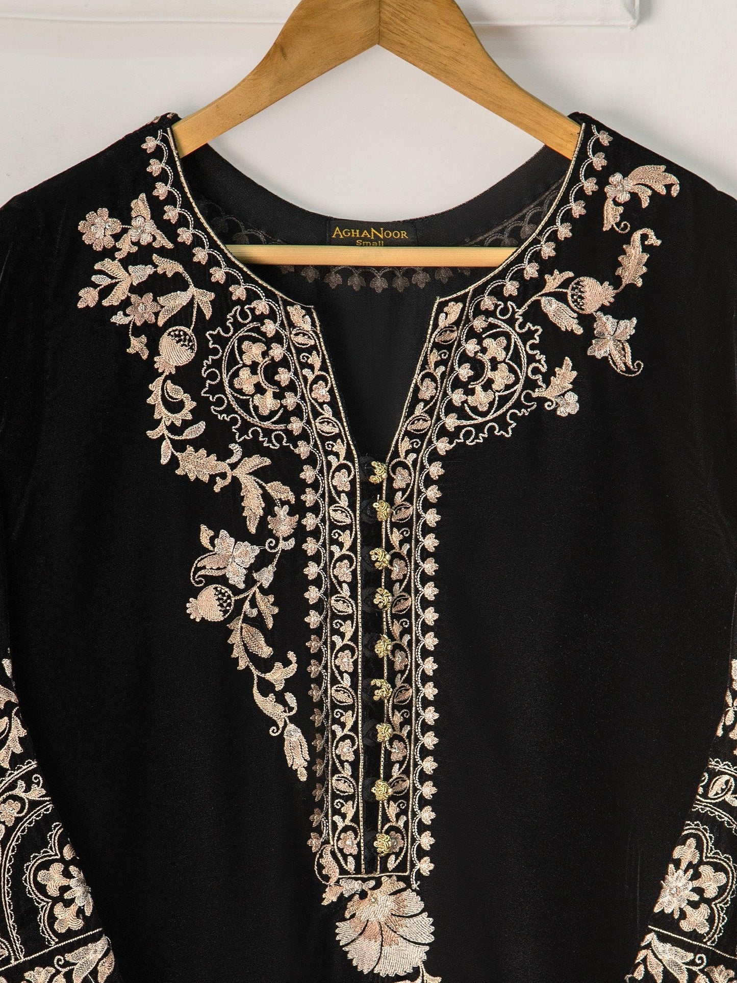 Aghanoor 3 piece - Embroidered Velvet Suit (Size- Large) - Black & Beige - Raw silk pants