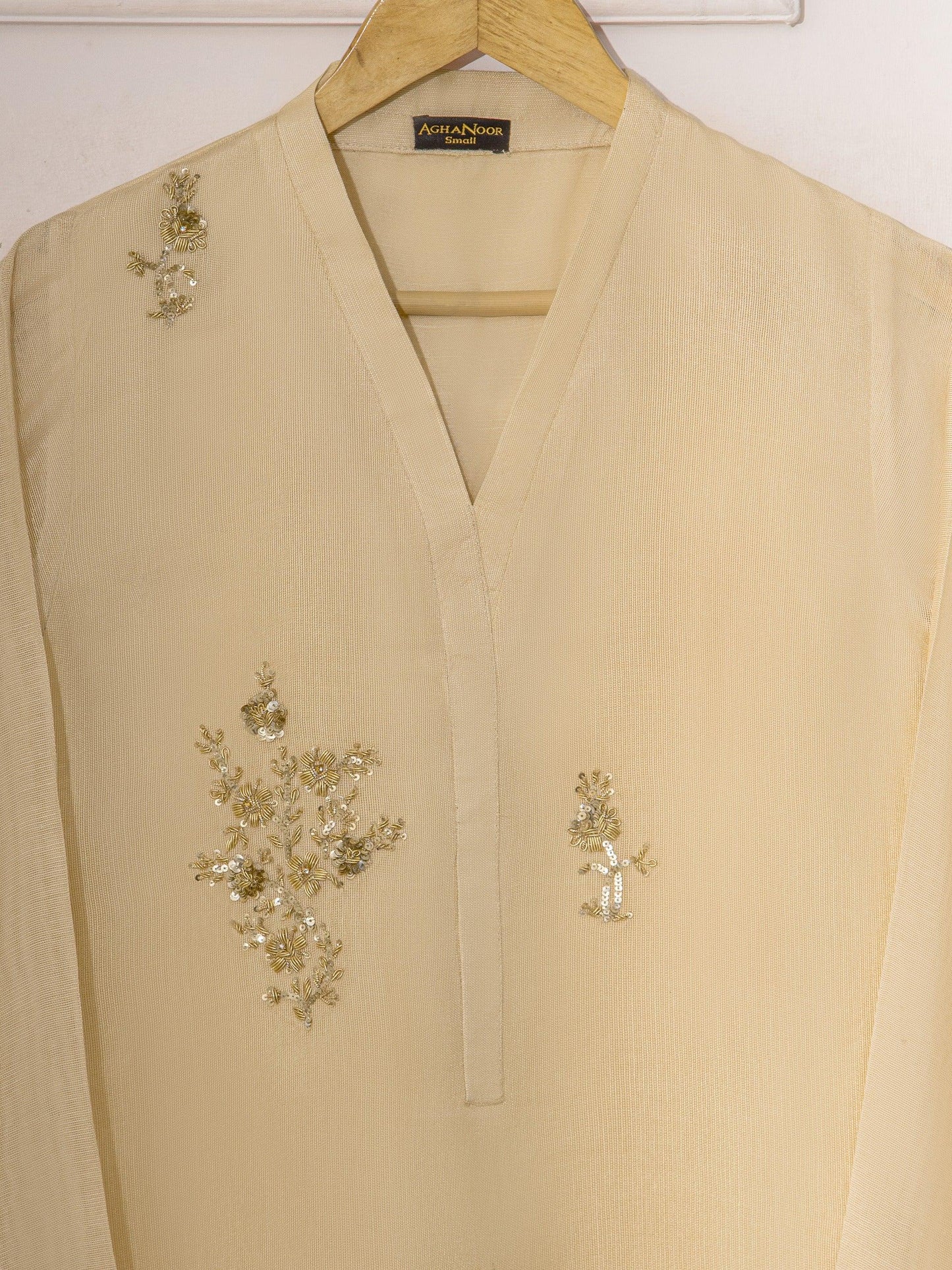 Agha noor 3 Piece Pure Cotton Net Embroidered Suit - Beige