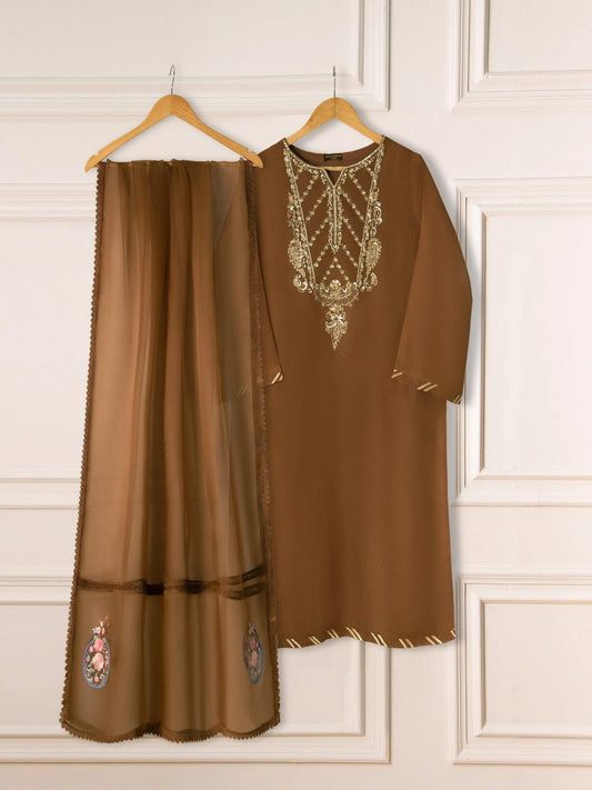 Aghanoor 3 Piece Pure Cotton Net Embroidered Suit Size (Large, Medium) - Brown