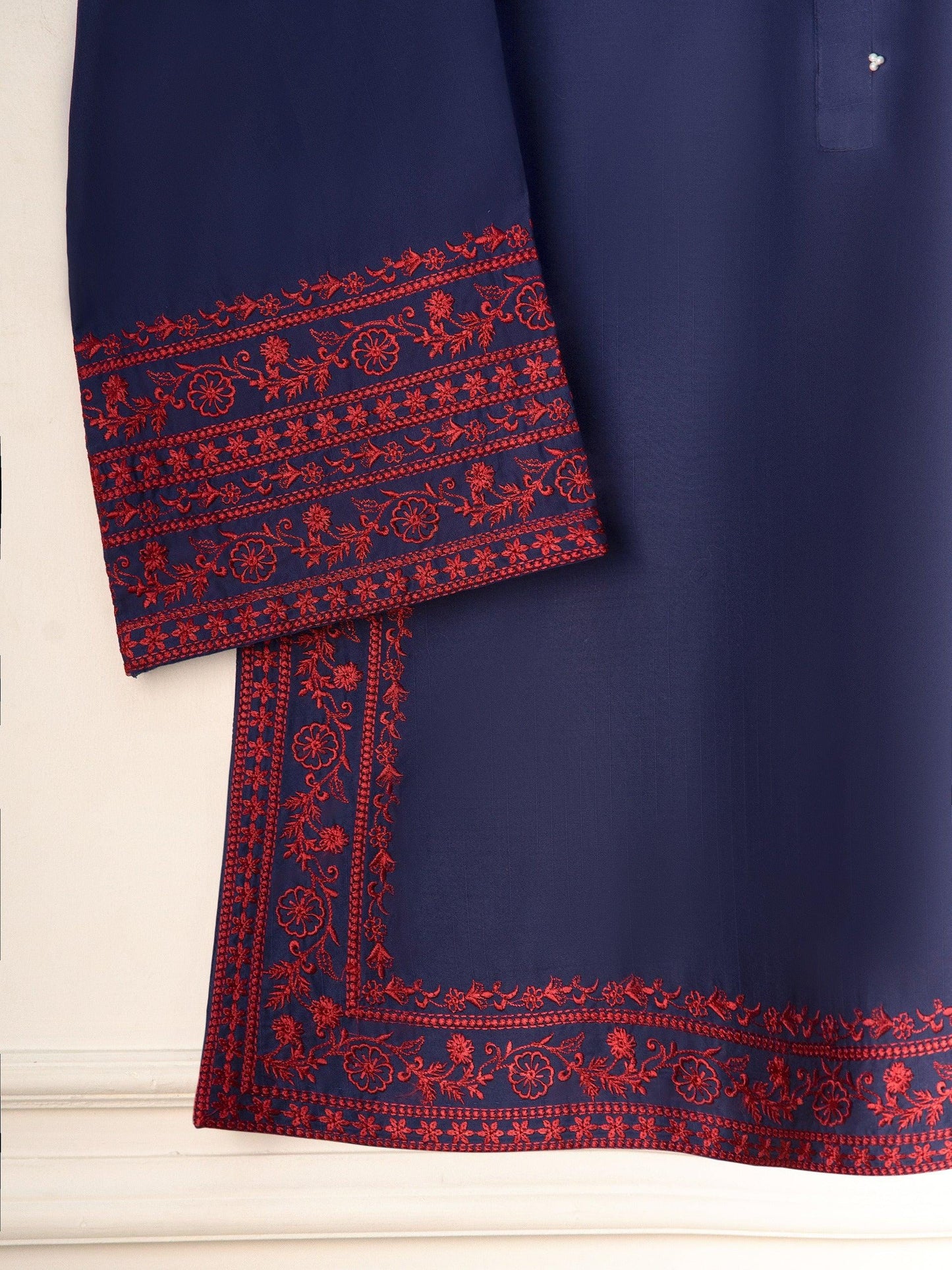 Aghanoor Cambric Embroidered Shirt- (Size-  L) - Navy Blue