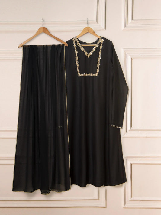 Embroidered Cotton Net Suit: Silk Pants & Chiffon Dupatta
