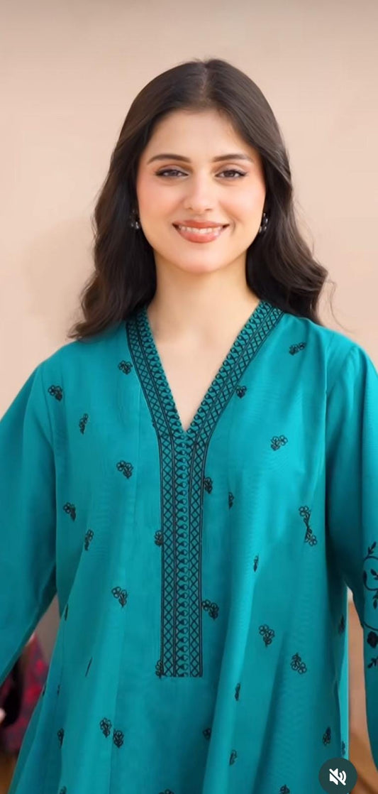 Agha Noor 2 Piece - Embroidered Khaddar Frock Suit - Teal Blue