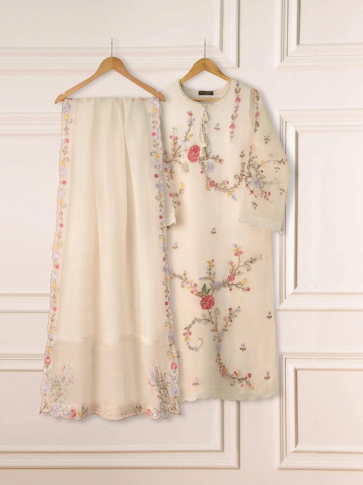 Aghanoor 3 piece - (Size- Medium, Large) - Pure Organza Embroidered Suit - Raw Silk Pants