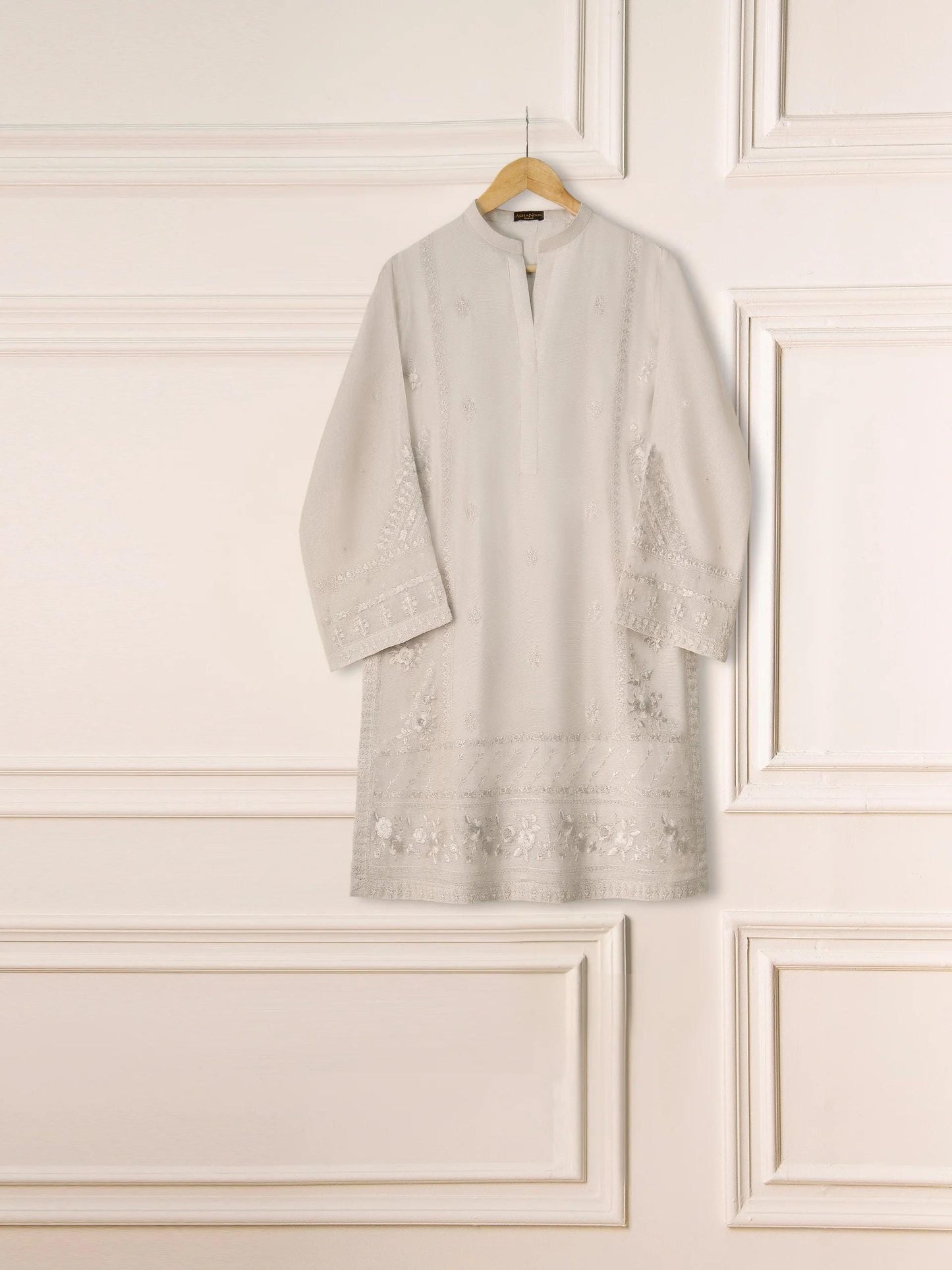 Embroidered Cotton Net Suit: Agha noor Grey Raw Silk Pants Set