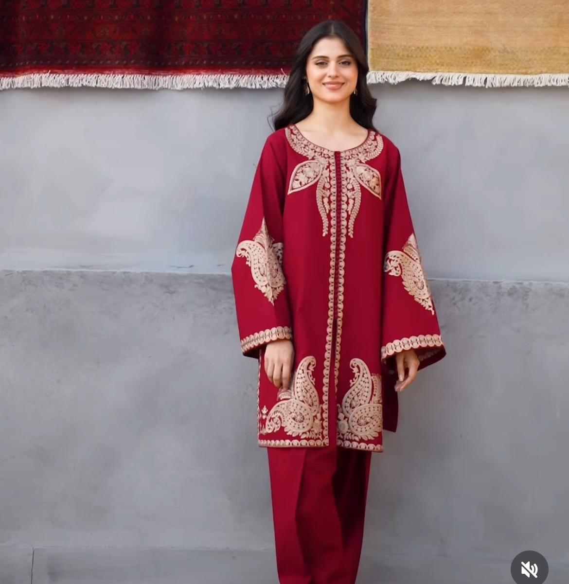 Aghanoor 2 piece - Embroidered Khaddar Suit - Maroon