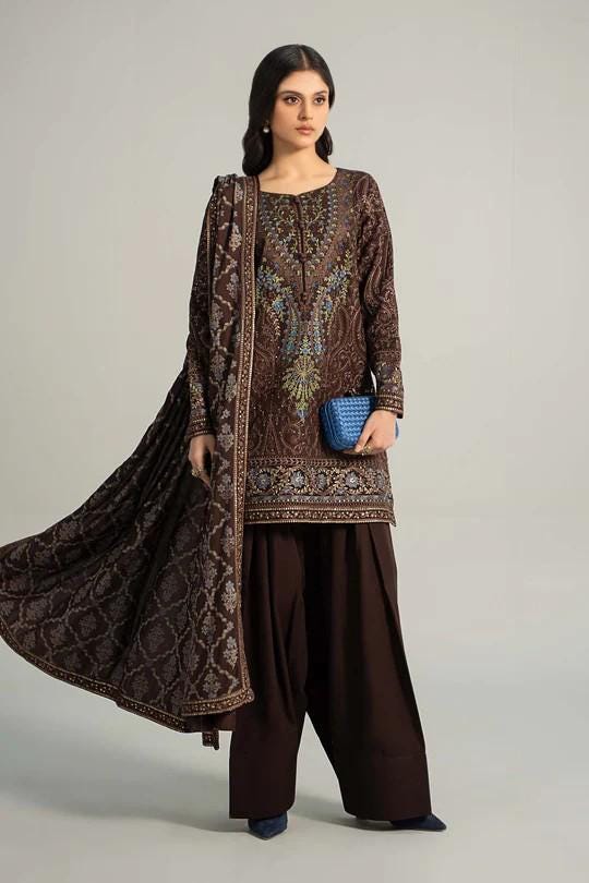 Maria.B - Farshi Shalwar Suit - 3 Piece Embroidered Khaddar  (Medium, Large) - Brown