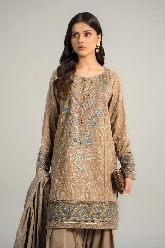 Maria.B - Farshi Shalwar Suit - 3 Piece Embroidered Khaddar  (Small, Medium) - Beige