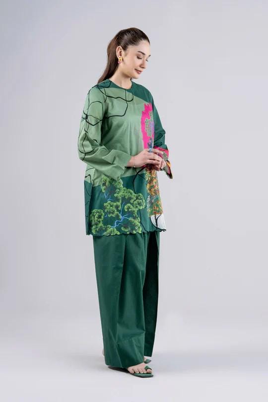 Maria.B - Farshi Shalwar Suit - 2 Piece Printed Lawn  ( Medium, Large) - Dark Green