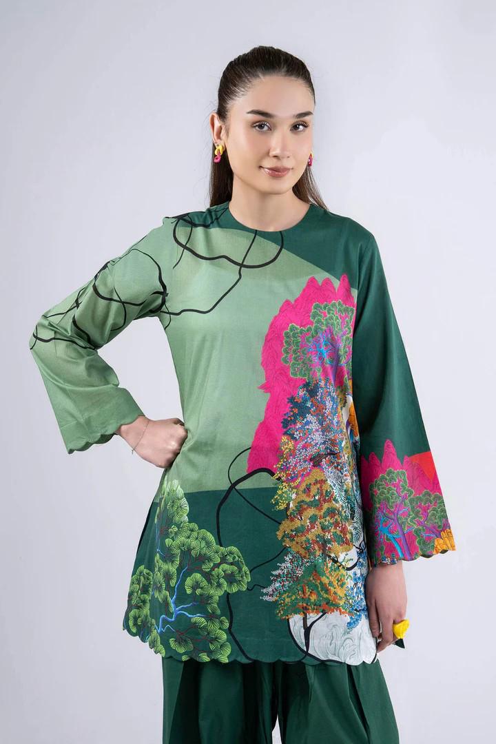 Maria.B - Farshi Shalwar Suit - 2 Piece Printed Lawn  ( Medium, Large) - Dark Green