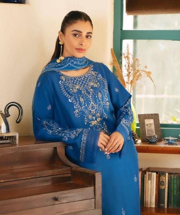 Aghanoor 3 piece - Pure Raw Silk Embroidered Suit - Size Medium -Electric Blue