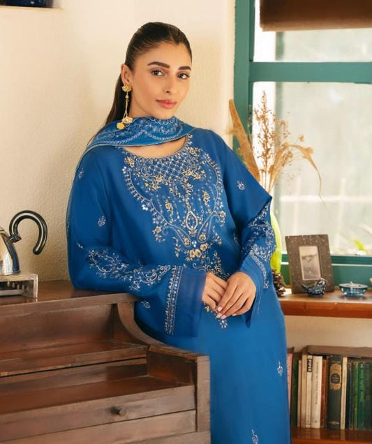 Aghanoor 3 piece - Pure Raw Silk Embroidered Suit - Size Medium -Electric Blue