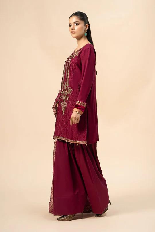Maria.B - Farshi Shalwar 3 Piece Embroidered Linen Suit - Maroon