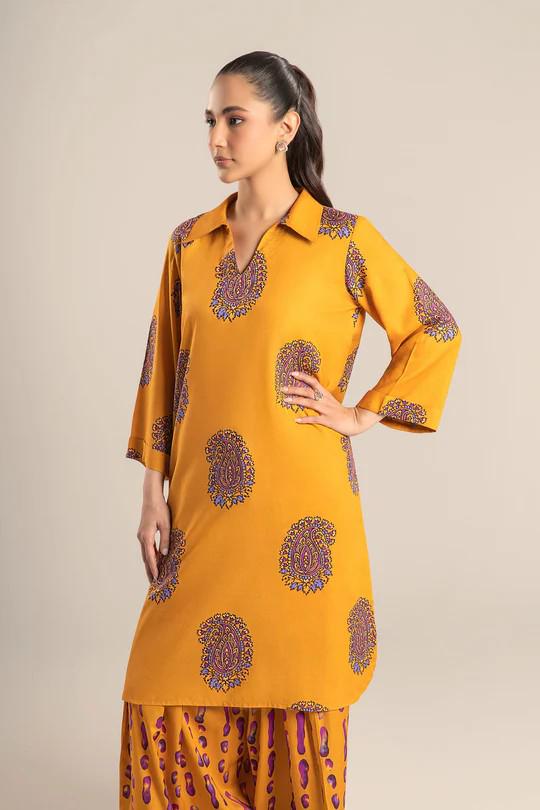 Maria.B - Farshi Shalwar Suit - 2 Piece Arabic Lawn Suit  (Medium, Large) - Mustard