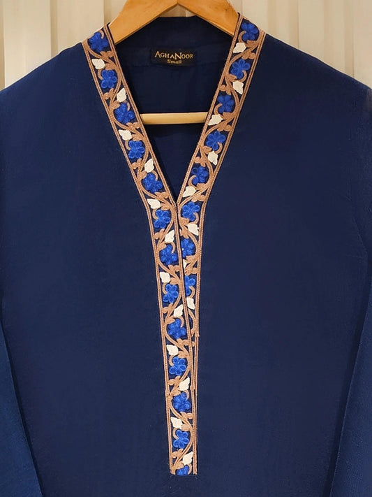 Aghanoor 2 Piece Pure Cotton Net Embroidered Suit Size (Medium, Large) - Navy Blue