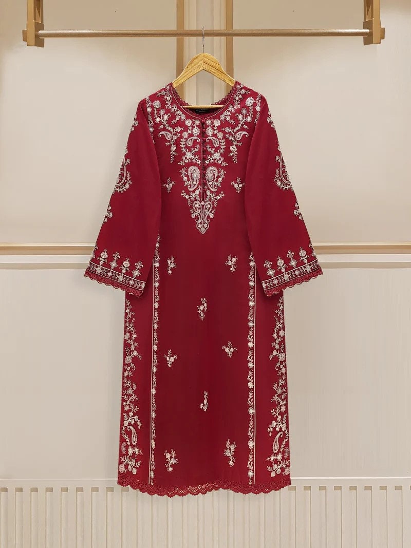 Agha Noor 2 piece - Embroidered Lawn Suit - Maroon - India Pakistan Bangladesh