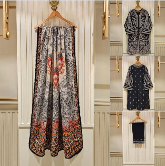 Aghanoor 3 Piece Embroidered Lawn Suit Size (Large, Medium) - Black