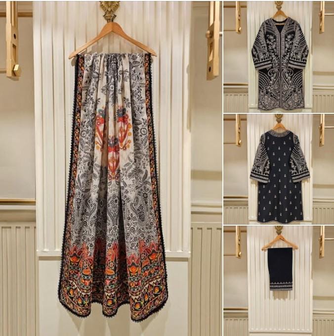 Agha Noor 3 Piece Embroidered Lawn Suit Size (Large, Medium) - Black