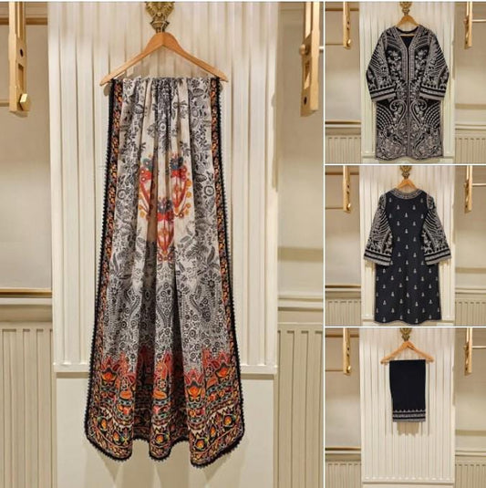 Agha Noor 3 Piece Embroidered Lawn Suit Size (Large, Medium) - Black