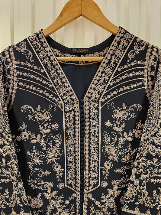 Aghanoor 3 Piece Embroidered Lawn Suit Size (Large, Medium) - Black