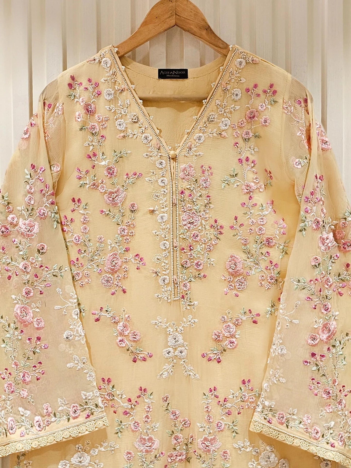 Agha Noor 3 Piece - Embroidered Chiffon Suit - Light Yellow