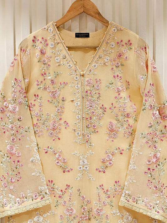 Agha Noor 3 Piece - Embroidered Chiffon Suit - Light Yellow