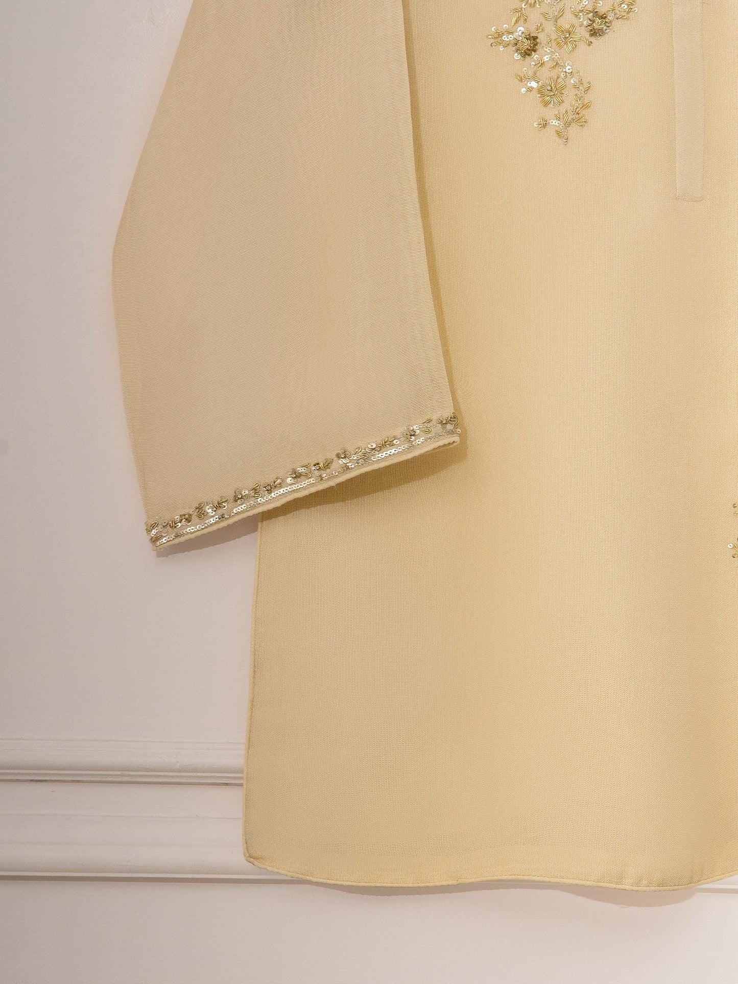Agha noor 3 Piece Pure Cotton Net Embroidered Suit - Beige