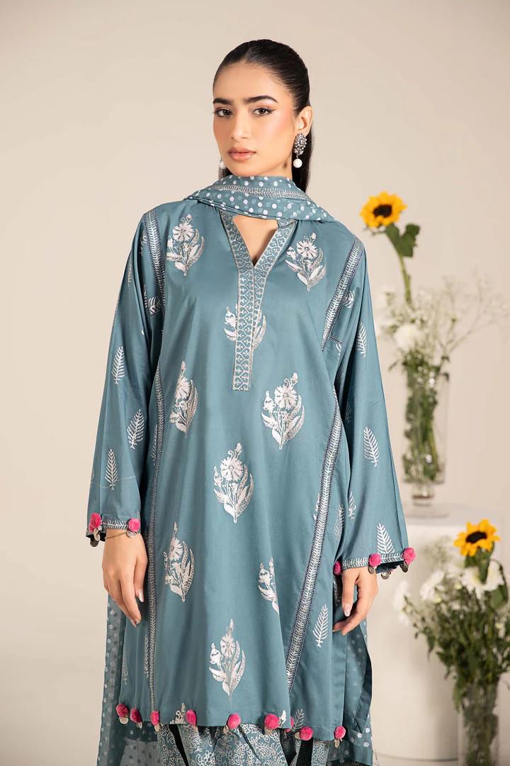 Maria.B - Farshi Shalwar Suit - 3 Piece Printed Lawn Suit  (Large) - Teal Blue