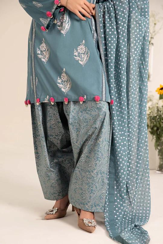 Maria.B - Farshi Shalwar Suit - 3 Piece Printed Lawn Suit  (Large) - Teal Blue