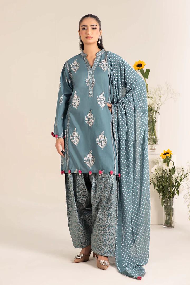 Maria.B - Farshi Shalwar Suit - 3 Piece Printed Lawn Suit  (Large) - Teal Blue