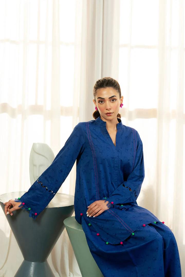 Maria.B - Farshi Shalwar Suit - 2 Pc Dyed Jacquard Viscose Suit  (Medium, Large, XL) - Blue