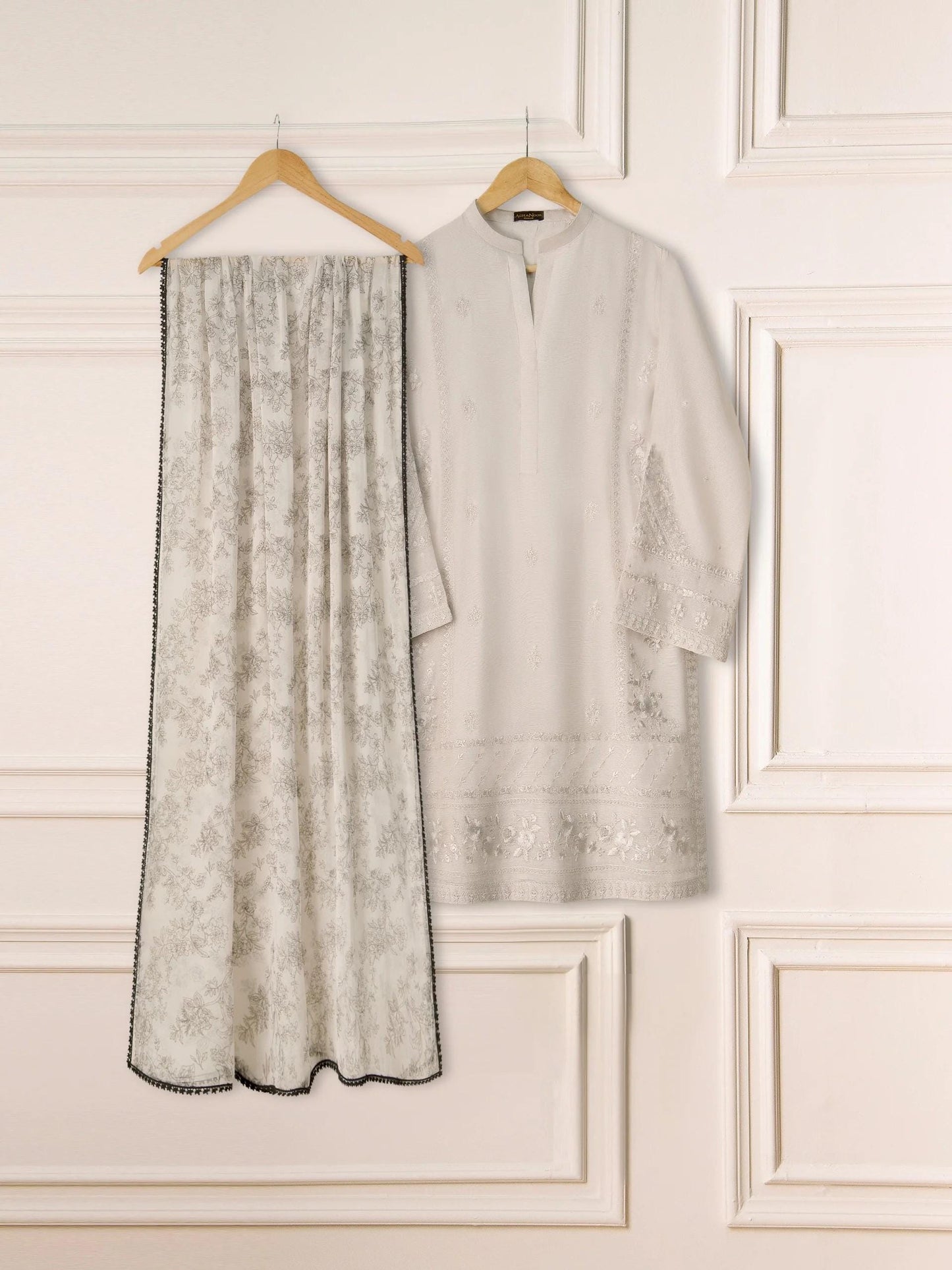 Embroidered Cotton Net Suit: Agha noor Grey Raw Silk Pants Set