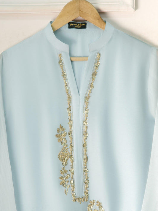 Agha Noor 2 Piece - Embroidered Cotton Net Suit: Raw Silk Pants - Ferozi