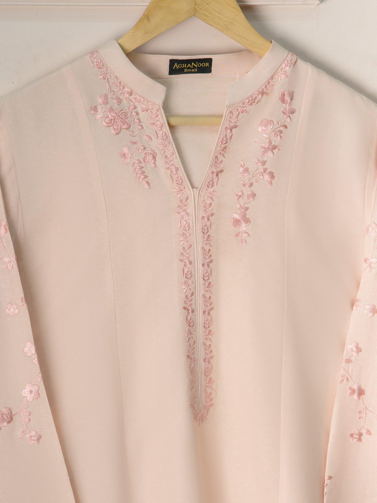 Aghanoor 2 piece - (Size Medium, Large) Embroidered Karandi Suit - Peach/Pink