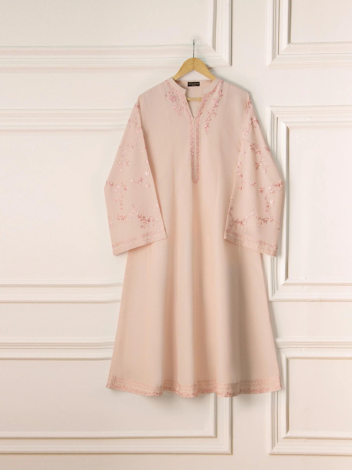 Aghanoor 2 piece - (Size Medium, Large) Embroidered Karandi Suit - Peach/Pink