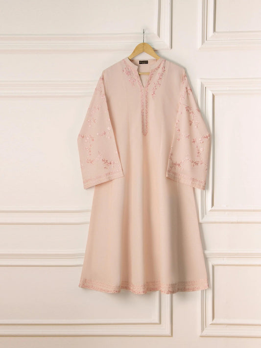 Aghanoor 2 piece - (Size Medium, Large) Embroidered Karandi Suit - Peach/Pink