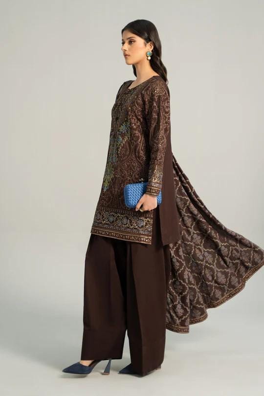 Maria.B - Farshi Shalwar Suit - 3 Piece Embroidered Khaddar  (Medium, Large) - Brown