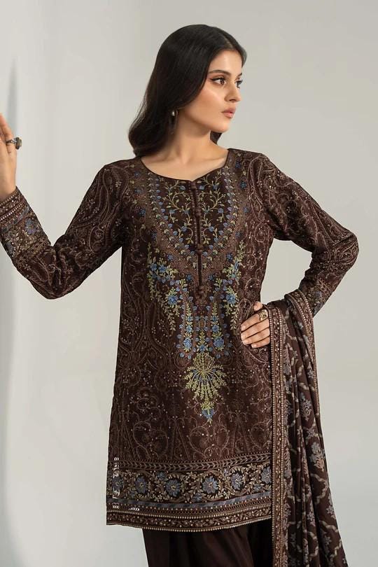 Maria.B - Farshi Shalwar Suit - 3 Piece Embroidered Khaddar  (Medium, Large) - Brown