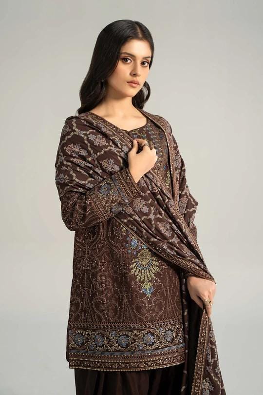 Maria.B - Farshi Shalwar Suit - 3 Piece Embroidered Khaddar  (Medium, Large) - Brown