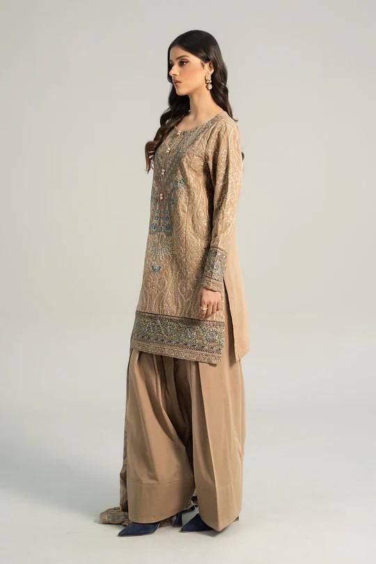 Maria.B - Farshi Shalwar Suit - 3 Piece Embroidered Khaddar  (Small, Medium) - Beige