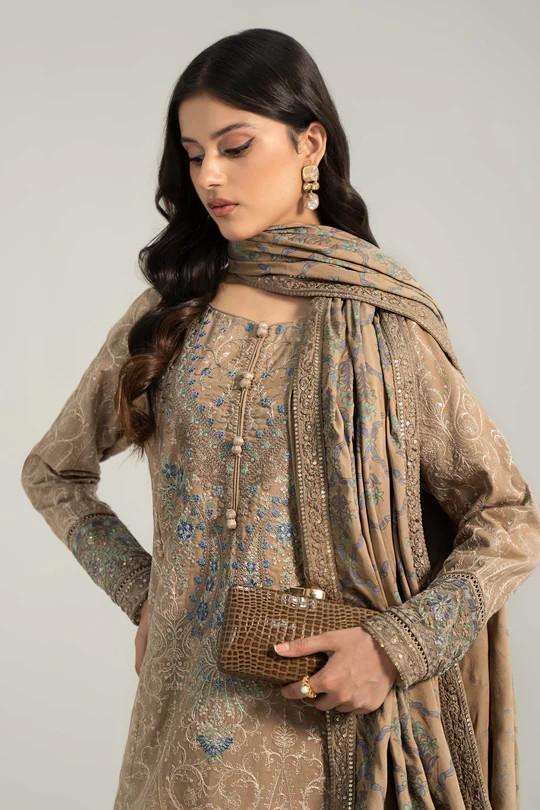 Maria.B - Farshi Shalwar Suit - 3 Piece Embroidered Khaddar  (Small, Medium) - Beige