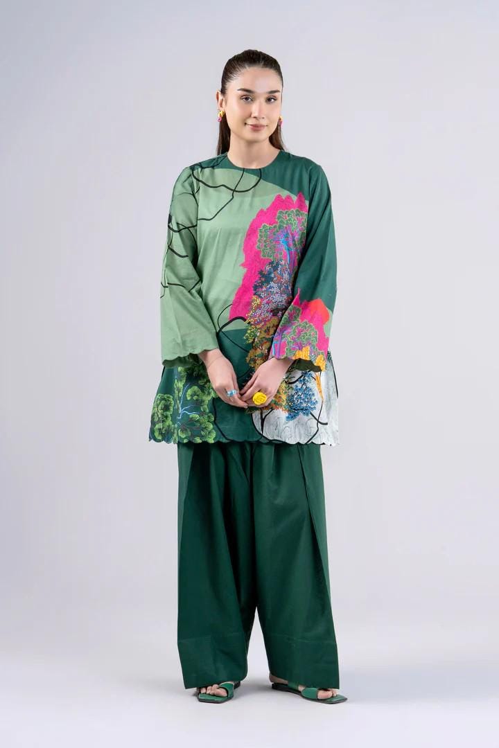 Maria.B - Farshi Shalwar Suit - 2 Piece Printed Lawn  ( Medium, Large) - Dark Green