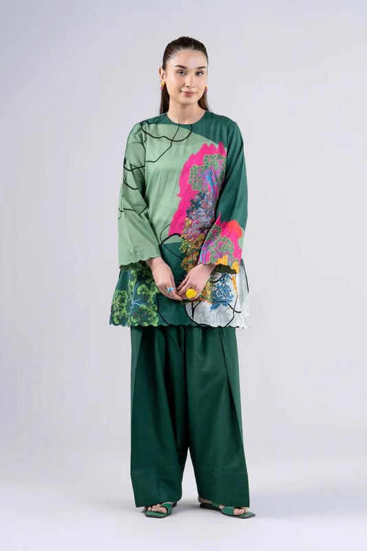 Maria.B - Farshi Shalwar Suit - 2 Piece Printed Lawn  ( Medium, Large) - Dark Green