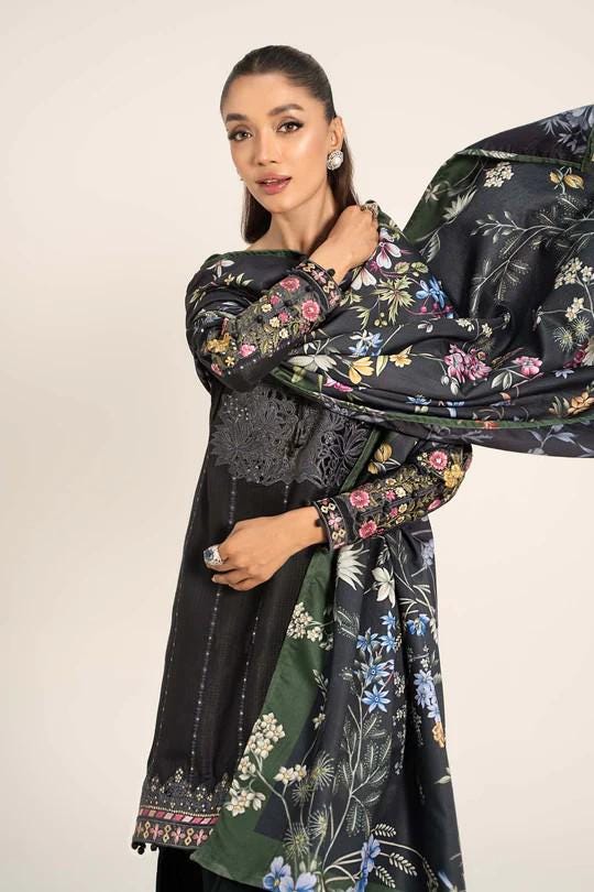 Maria.B - Farshi Shalwar Suit - 3 Piece Embroidered Linen Suit  (Medium, Large) - Black