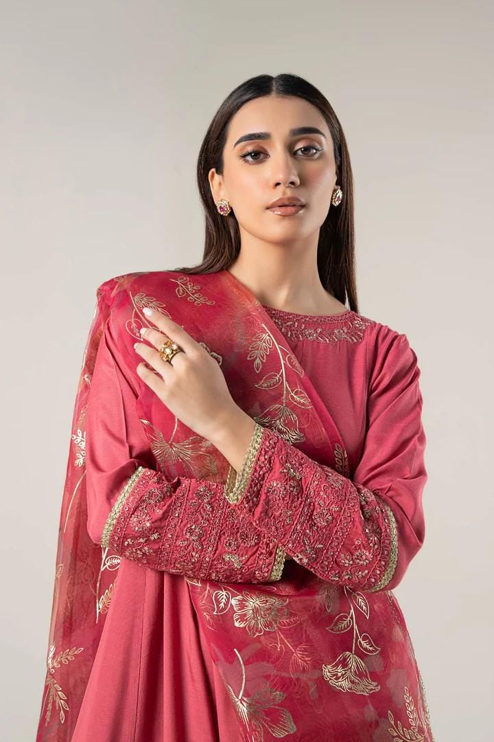 Embroidered Raw Silk Suit: Coral Pink Pishwas & Organza Dupatta