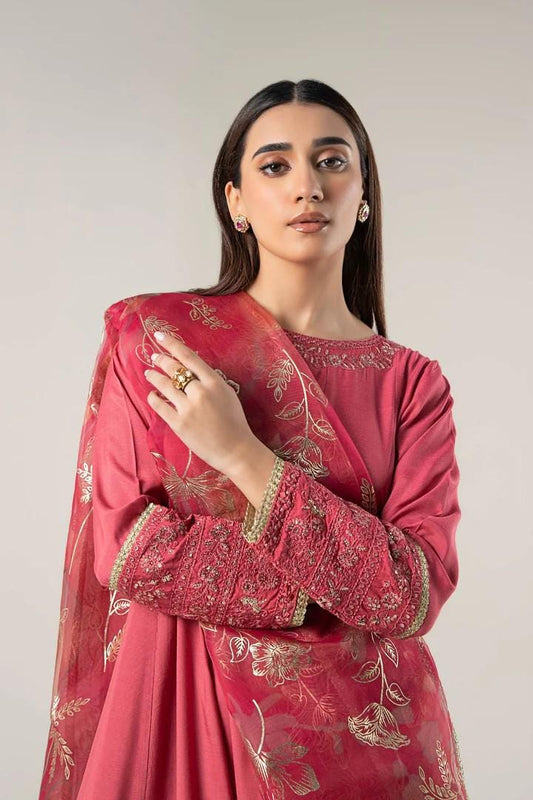 Embroidered Raw Silk Suit: Coral Pink Pishwas & Organza Dupatta