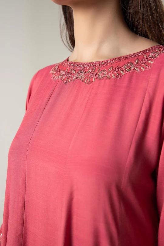 Embroidered Raw Silk Suit: Coral Pink Pishwas & Organza Dupatta