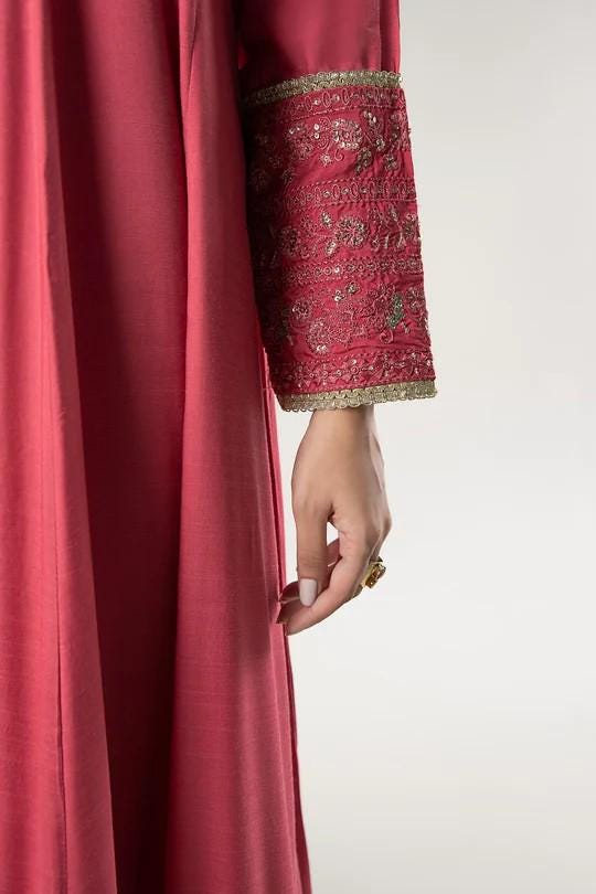 Embroidered Raw Silk Suit: Coral Pink Pishwas & Organza Dupatta