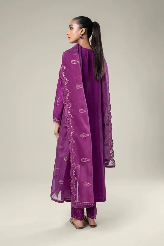 Embroidered Raw Silk Suit: Purple Organza Dupatta - Maria.B (Medium) - Shirt and Dupatta