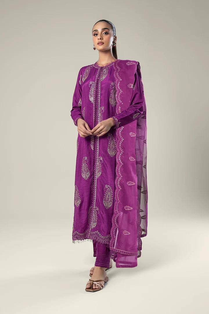 Embroidered Raw Silk Suit: Purple Organza Dupatta - Maria.B (Medium) - Shirt and Dupatta